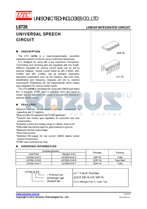 L6726G-S18-R datasheet - UNIVERSAL SPEECH CIRCUIT