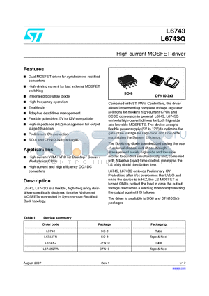 L6743 datasheet - High current MOSFET driver