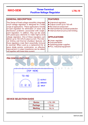 L78L18N datasheet - Three-Terminal Positive-Voltage Regulator