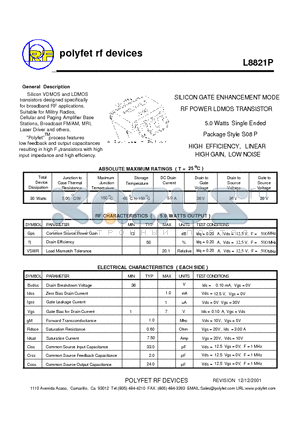 L8821P datasheet - SILICON GATE ENHANCEMENT MODE RF POWER LDMOS TRANSISTOR