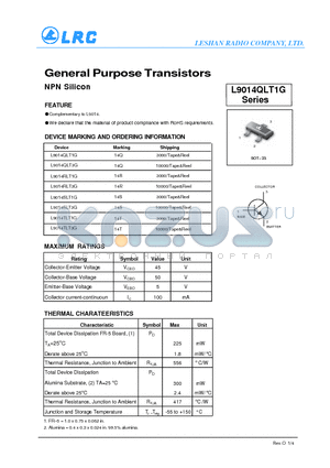 L9014QLT1G datasheet - General Purpose Transistors NPN Silicon