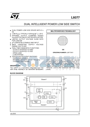 L9377DIE1 datasheet - DUAL INTELLIGENT POWER LOW SIDE SWITCH