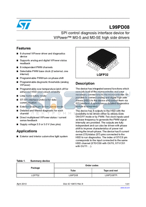 L99PD08TR datasheet - SPI control diagnosis interface device for VIPower M0-5 and M0-5E high side drivers