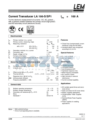 LA100-SP1 datasheet - Current Transducer