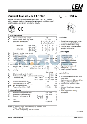 LA100P datasheet - CURRENT TRANSDUCER LA 100-P