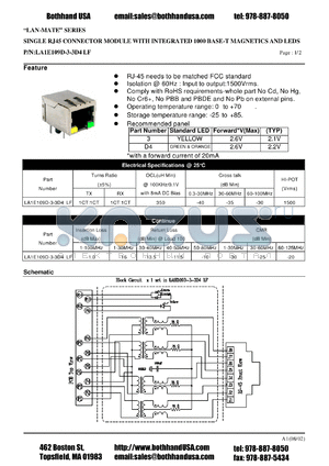 LA1E109D-3-3D4LF datasheet - SINGLE RJ45 CONNECTOR MODULE WITH INTEGRATED 1000 BASE-T MAGNETICS AND LEDS