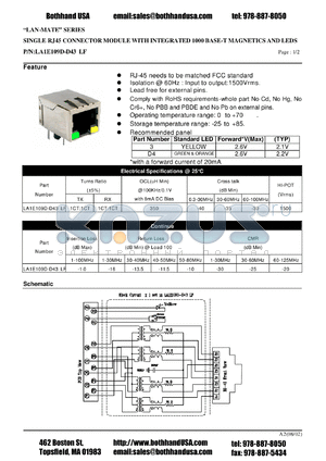 LA1E109D-D43LF datasheet - SINGLE RJ45 CONNECTOR MODULE WITH INTEGRATED 1000 BASE-T MAGNETICS AND LEDS