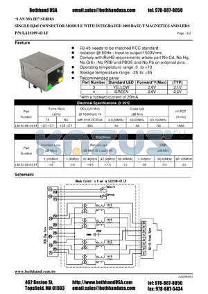 LA1S109-43LF_1 datasheet - SINGLE RJ45 CONNECTOR MODULE WITH INTEGRATED 1000 BASE-T MAGNETICS AND LEDS