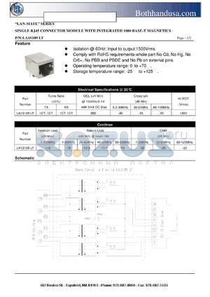 LA1S109LF datasheet - SINGLE RJ45 CONNECTOR MODULE WITH INTEGRATED 1000 BASE-T MAGNETICS