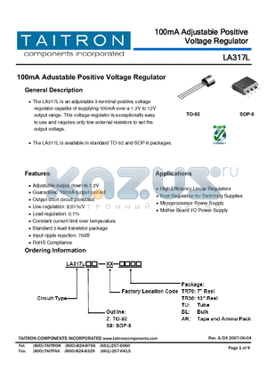 LA317LS8-XX-TU datasheet - 100mA Adustable Positive Voltage Regulator