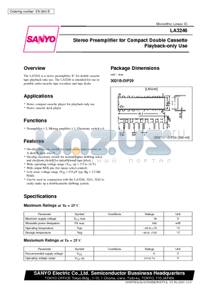 LA3246 datasheet - Stereo Preamplifier for Compact Double Cassette Playback-only Use