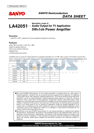 LA42051 datasheet - Audio Output for TV Application 5W1ch Power Ampilfier