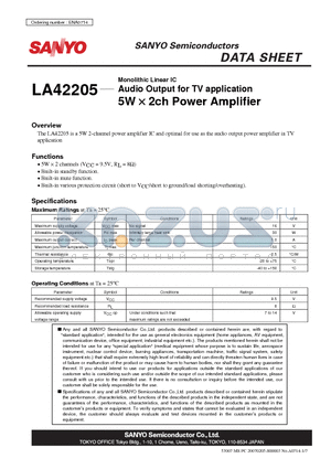 LA42205 datasheet - Monolithic Linear IC Audio Output for TV application 5W  2ch Power Amplifier