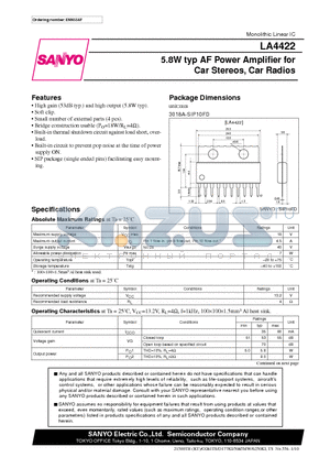 LA4422 datasheet - 5.8W typ AF Power Amplifier for Car Stereos, Car Radios