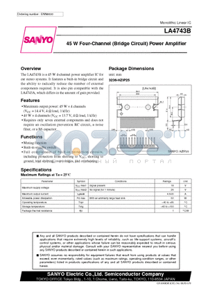 LA4743 datasheet - 45 W Four-Channel (Bridge Circuit) Power Amplifier