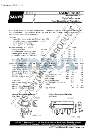 LA6458S datasheet - High-Performance Dual Operational Amplifiers