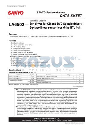 LA6502 datasheet - Monolithic Linear IC 5ch driver for CD and DVD Spindle driver : 3-phase linear sensor-less drive BTL 4ch