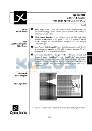 QL16X24B-2CG144M datasheet - pASIC 1 Family Very-High-Speed CMOS FPGA