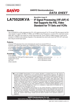 LA75520KVA datasheet - Monolithic Linear IC IF Signal Processing (VIFSIF) IC that Supports the PAL Video Standard for TV Sets and VCRs