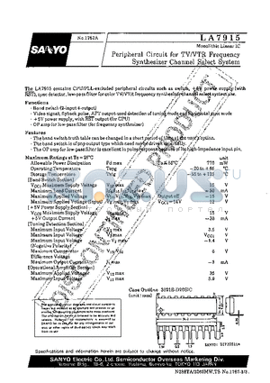 LA7915 datasheet - PERIPHERAL CIRCUIT FOR TV/VTR FREQUENCY SYNTHESIZER CHANNEL SELECT SYSTEM