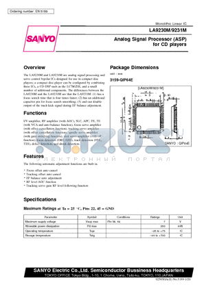 LA9231 datasheet - Analog Signal Processor ASP for CD players