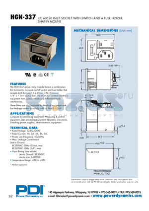 HGN-337 datasheet - IEC 60320 INLET SOCKET WITH SWITCH AND A FUSE HOLDER, SNAP-IN MOUNT
