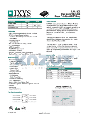 LAA120LS datasheet - Dual Current-Limited, Single Pole OptoMOS Relay