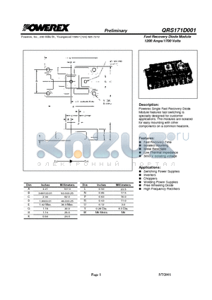 QRS171D001 datasheet - Fast Recovery Diode Module (1200 Amps/1700 Volts)