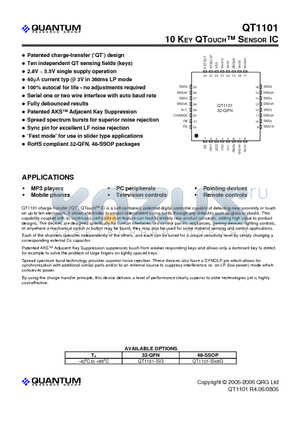 QT1101-ISG datasheet - 10 KEY QTOUCH SENSOR IC