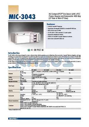 MIC-3043 datasheet - 4U CompactPCI^ Enclosure with cPCI Power Supply and Removable HDD Bay (CT Bus or Non-CT Bus)