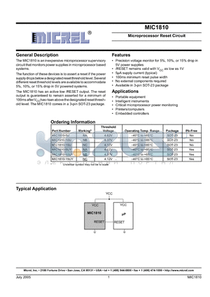 MIC1810-15UY datasheet - Microprocessor Reset Circuit