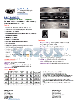 R-FSP600-80ETN datasheet - 600 Watts ATX12V V2.3 EPS12V V2.92 Switching Power Supply