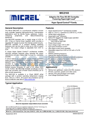 MIC2165_1011 datasheet - Adaptive On-Time DC-DC Controller Featuring HyperLight Load^