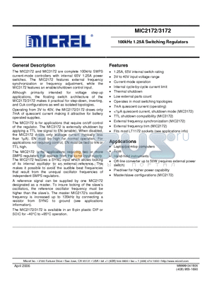 MIC2172YN datasheet - 100kHz 1.25A Switching Regulators