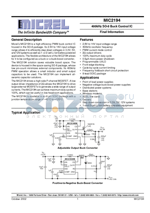 MIC2194BM datasheet - 400kHz SO-8 Buck Control IC