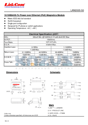 LAN2005-50 datasheet - 10/100BASE-Tx Power over Ethernet (PoE) Magnetics Module