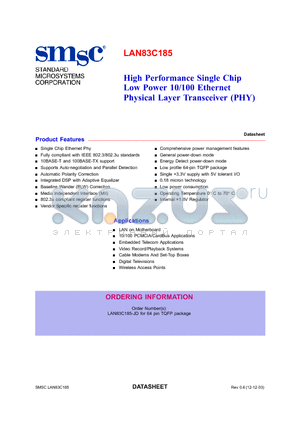 LAN83C185 datasheet - High Performance Single Chip Low Power 10/100 Ethernet Physical Layer Transceiver