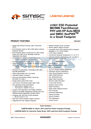 LAN8700-AEZG datasheet - a15kV ESD Protected MII/RMII Fast-Ethernet PHY with HP Auto-MDIX and SMSC flexPWR TM in a Small Footprint
