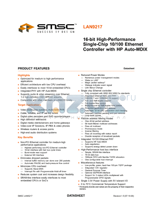 LAN9217-MT datasheet - 16-bit High-Performance Single-Chip 10/100 Ethernet Controller with HP Auto-MDIX