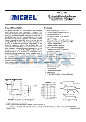 MIC22400 datasheet - 4A Integrated Switch Synchronous Buck Regulator with Frequency Programmable up to 4MHz