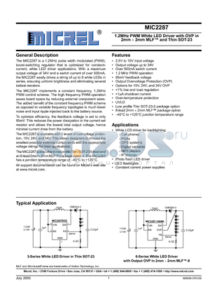MIC2287 datasheet - 1.2MHz PWM White LED Driver with OVP in 2mm  2mm MLF and Thin SOT-23