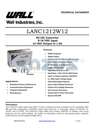 LANC1212W12 datasheet - DC/DC Converter 9-18 VDC Input 12 VDC Output at 1.0A