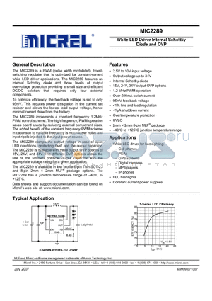 MIC2289-15BML datasheet - White LED Driver Internal Schottky Diode and OVP