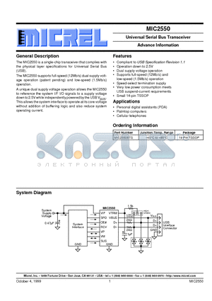 MIC2550 datasheet - Universal Serial Bus Transceiver Advance Information