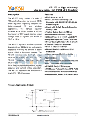 YB1200SC70S-1.8G datasheet - High Accuracy Ultra-Low-Noise, High PSRR LDO Regulator