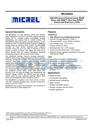 MIC2845A-PPYMT datasheet - High Efficiency 6 Channel Linear WLED Driver with DAM, Ultra Fast PWM Control and Dual Low IQ LDOs