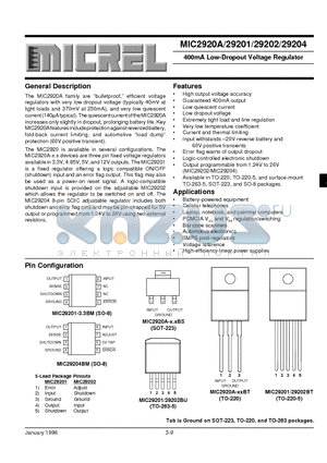 MIC29201-3.3BT datasheet - 400mA Low-Dropout Voltage Regulator
