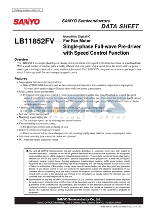 LB11852FV datasheet - Monolithic Digital IC For Fan Motor Single-phase Full-wave Pre-driver with Speed Control Function