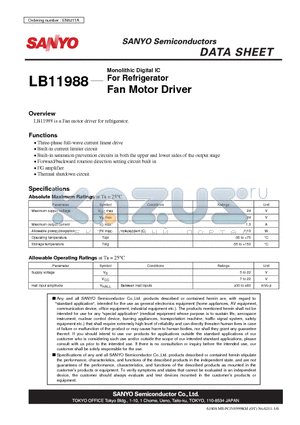 LB11988 datasheet - For Refrigerator Fan Motor Driver