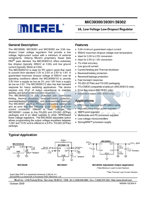 MIC39301-2.5BT datasheet - 3A, Low-Voltage Low-Dropout Regulator